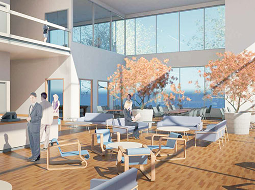 A rendering of an open floor-to-ceiling windows open space lobby with a few people milling about. Tables and chairs dot the wooden floor.