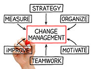 Diagram showing strategy, measure, improve, teamwork, motivate, and organize pointing towards Change Management in the center